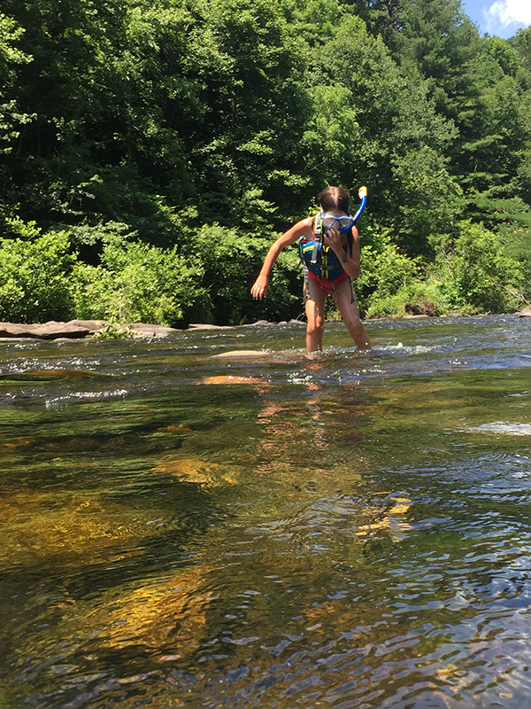 A young child exploring a river with a snorkel as part of an educational activity.
